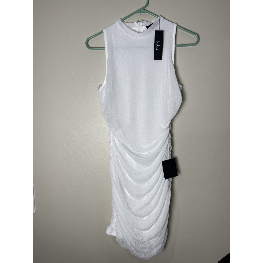 Lulus Modern Movement White Mesh Ruched Mock Neck Mini Bodycon Dress Size M